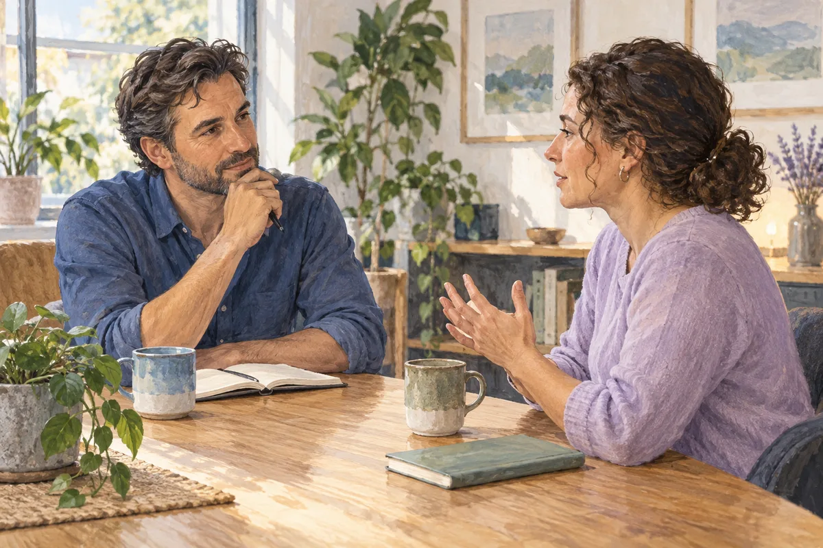 Illustration of two colleagues having an attentive workplace conversation