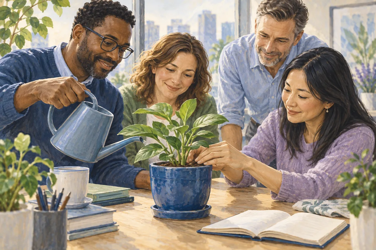 Illustration of colleagues tending a plant as a metaphor for everyday care