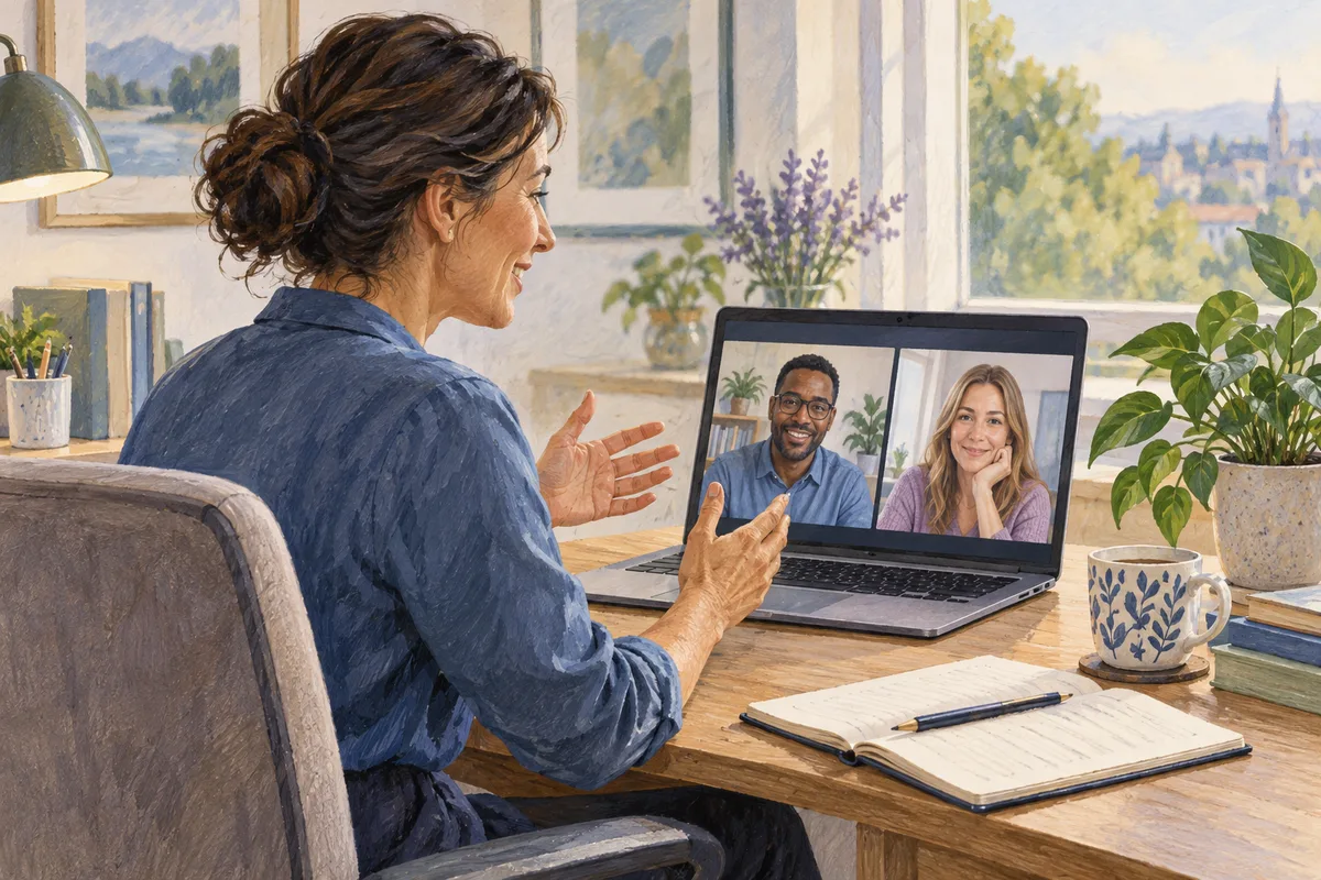 Illustration of a manager connecting with remote colleagues on a video call