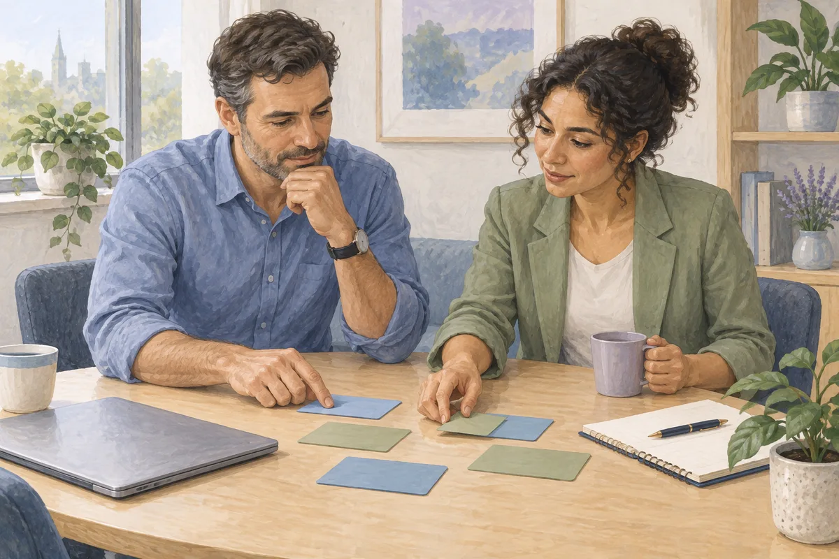 Illustration of colleagues discussing work priorities together