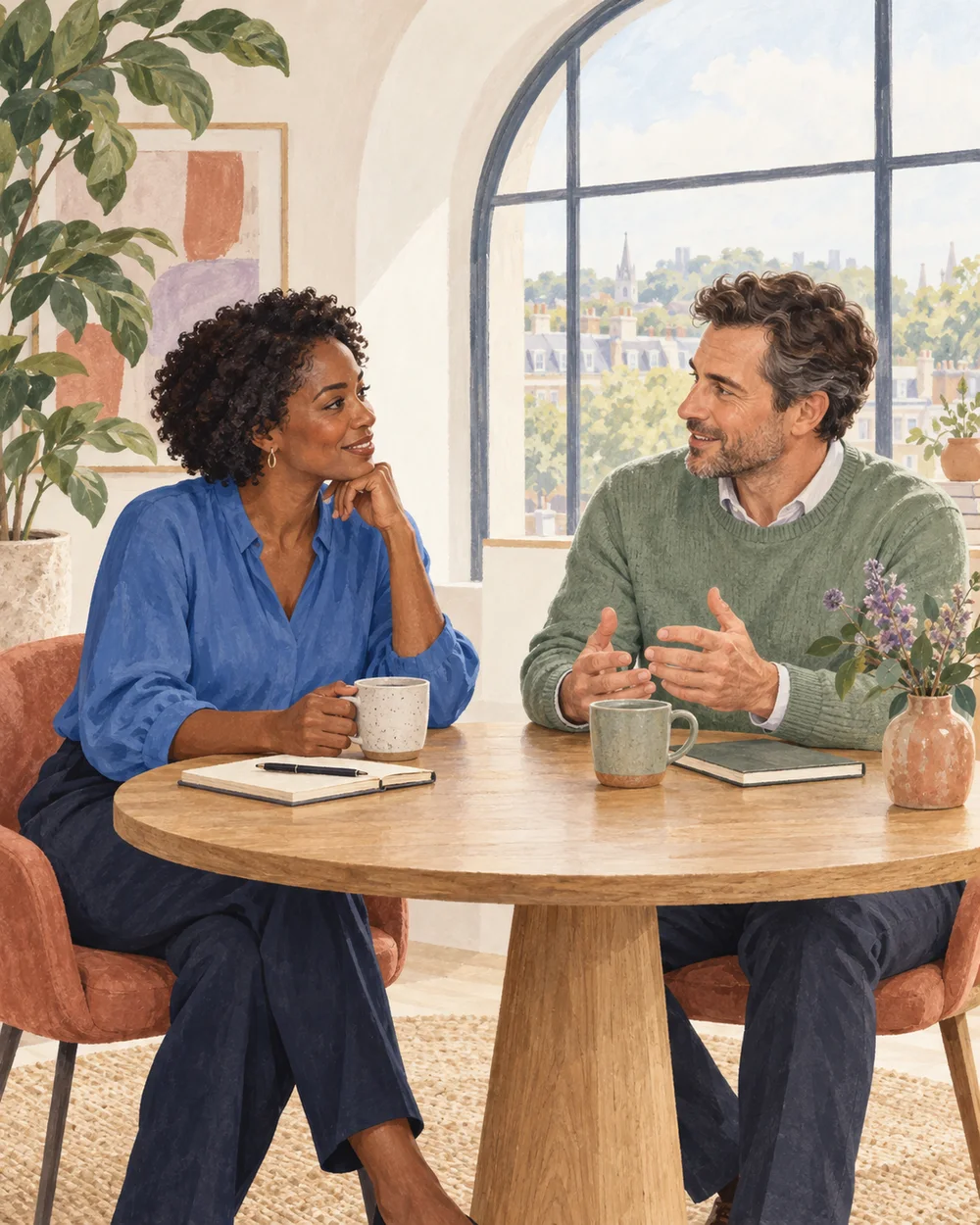 Illustration of two colleagues having a supportive conversation in a calm workplace